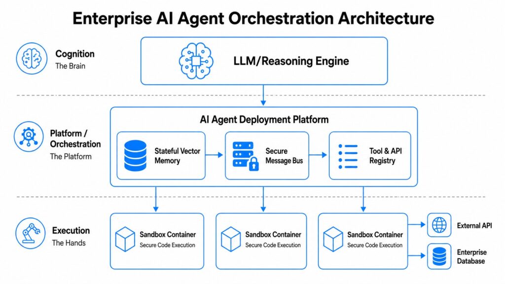 Schematic diagram of the best AI agent deployment platform architecture separating cognition and execution