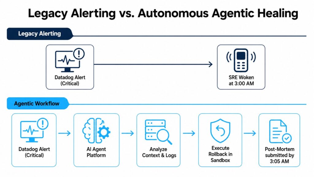 Workflow diagram illustrating what an AI agent can do during an autonomous infrastructure healing scenario